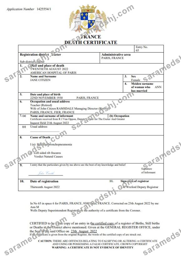 France vital record death certificate Word and PDF template